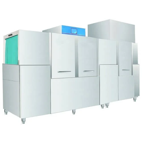 Commercial dishwasher installation with stainless steel preparation area