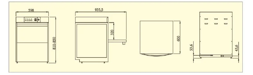 EHS-T1 Under-counter Dishwasher technical drawing with machine dimensions and layout details